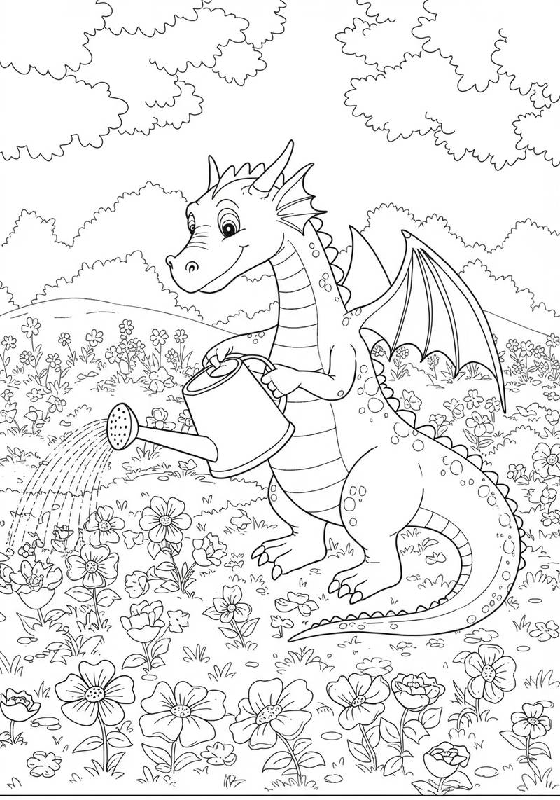 Página para colorear de un dragón adorable regando flores en un jardín.