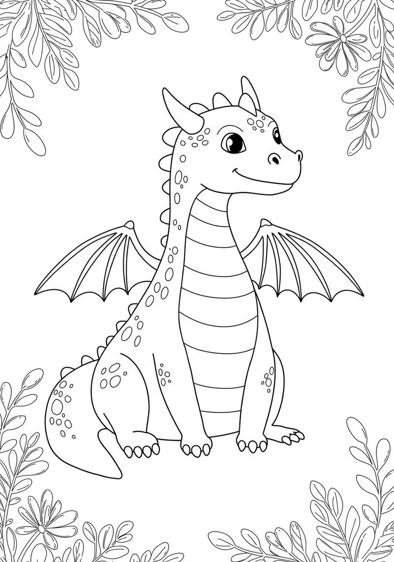 Página para colorear de un dragón alegre volando en el cielo con nubes y plantas debajo.