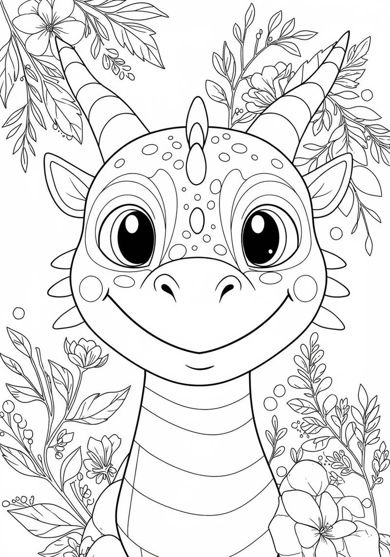Página para colorear de un unicornio adorable rodeado de flores y plantas con hojas.