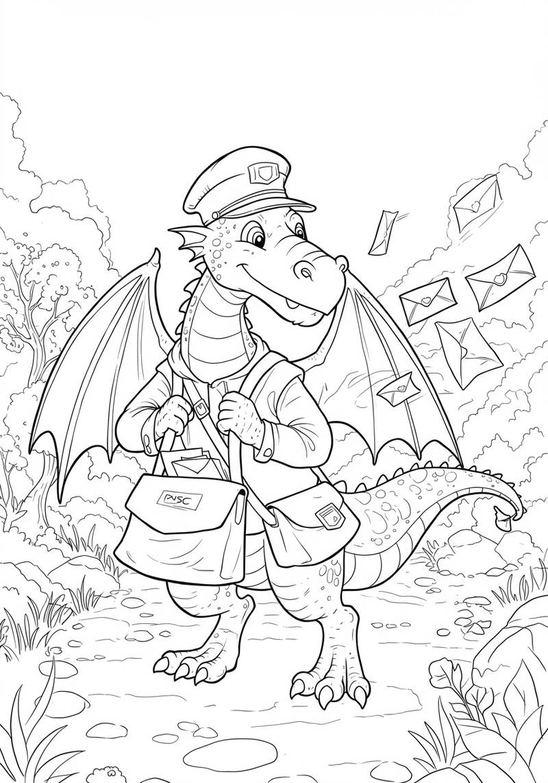 Página para colorear de un dragón amigable entregando correo con letras volando alrededor.
