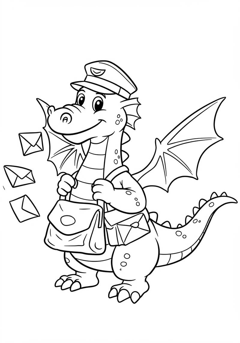 Página para colorear de un dragón amigable vestido como cartero, sosteniendo una bolsa con correos y rodeado de sobres voladores.