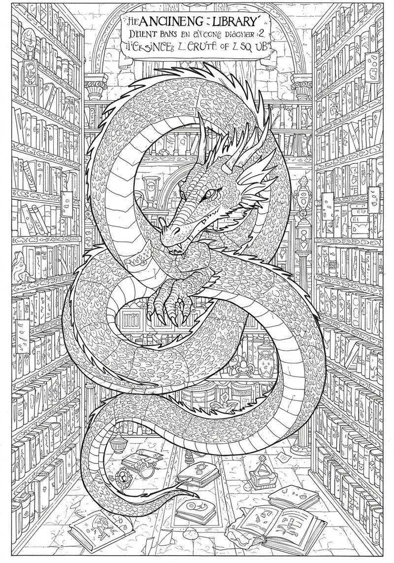 Página para colorear de un dragón detallado, enrollado dentro de una antigua y grandiosa biblioteca llena de libros y artefactos antiguos.