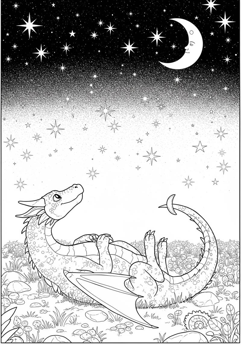Página para colorear de un dinosaurio relajado tumbado en la hierba bajo un cielo nocturno lleno de estrellas y una luna creciente sonriente.
