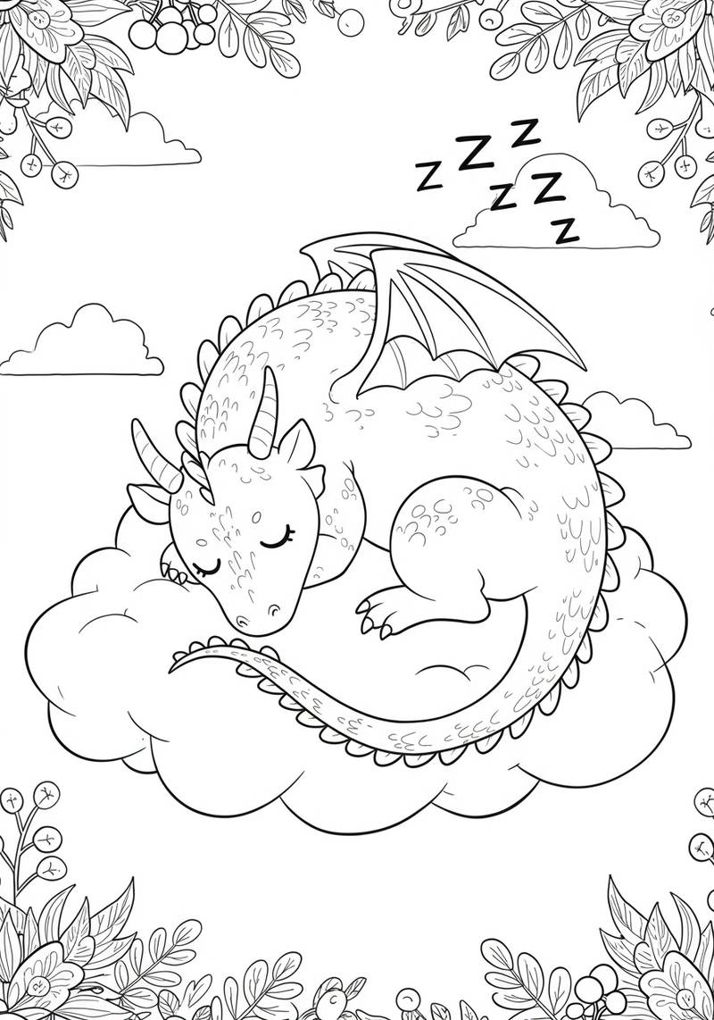 Página para colorear de un dragón adorable durmiendo en una nube