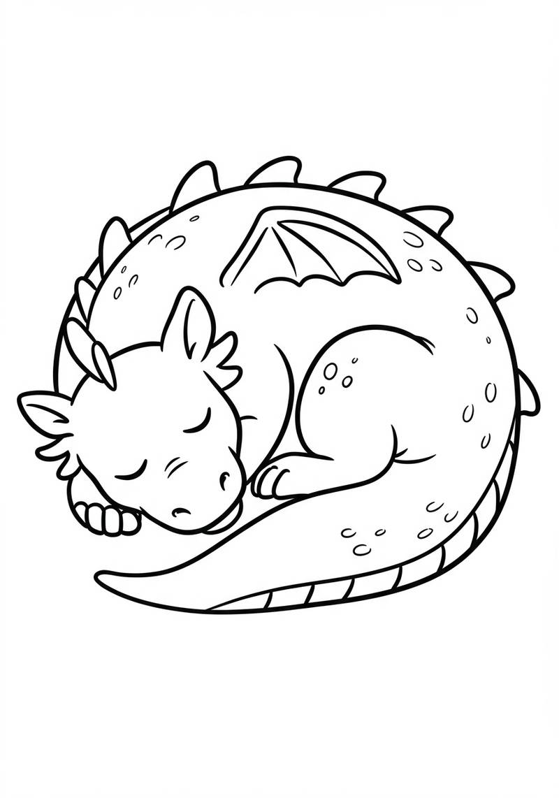 Página para colorear de un dragón lindo acurrucado y durmiendo.