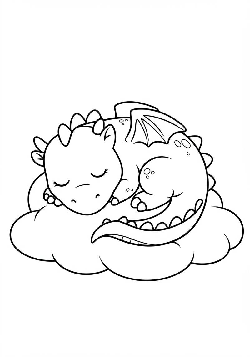 Página para colorear de un dragón adorable y dormilón, enroscado en una nube.