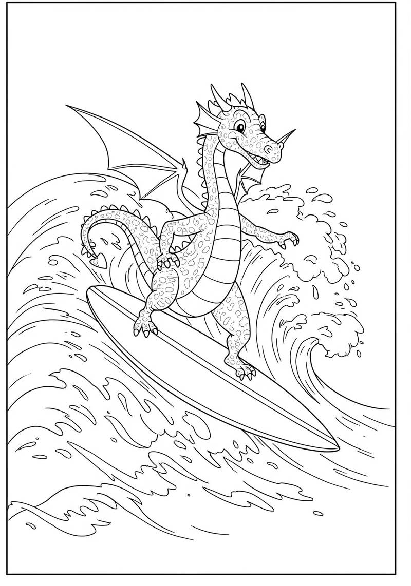 Página para colorear de un dragón amistoso surfeando en las olas del océano.
