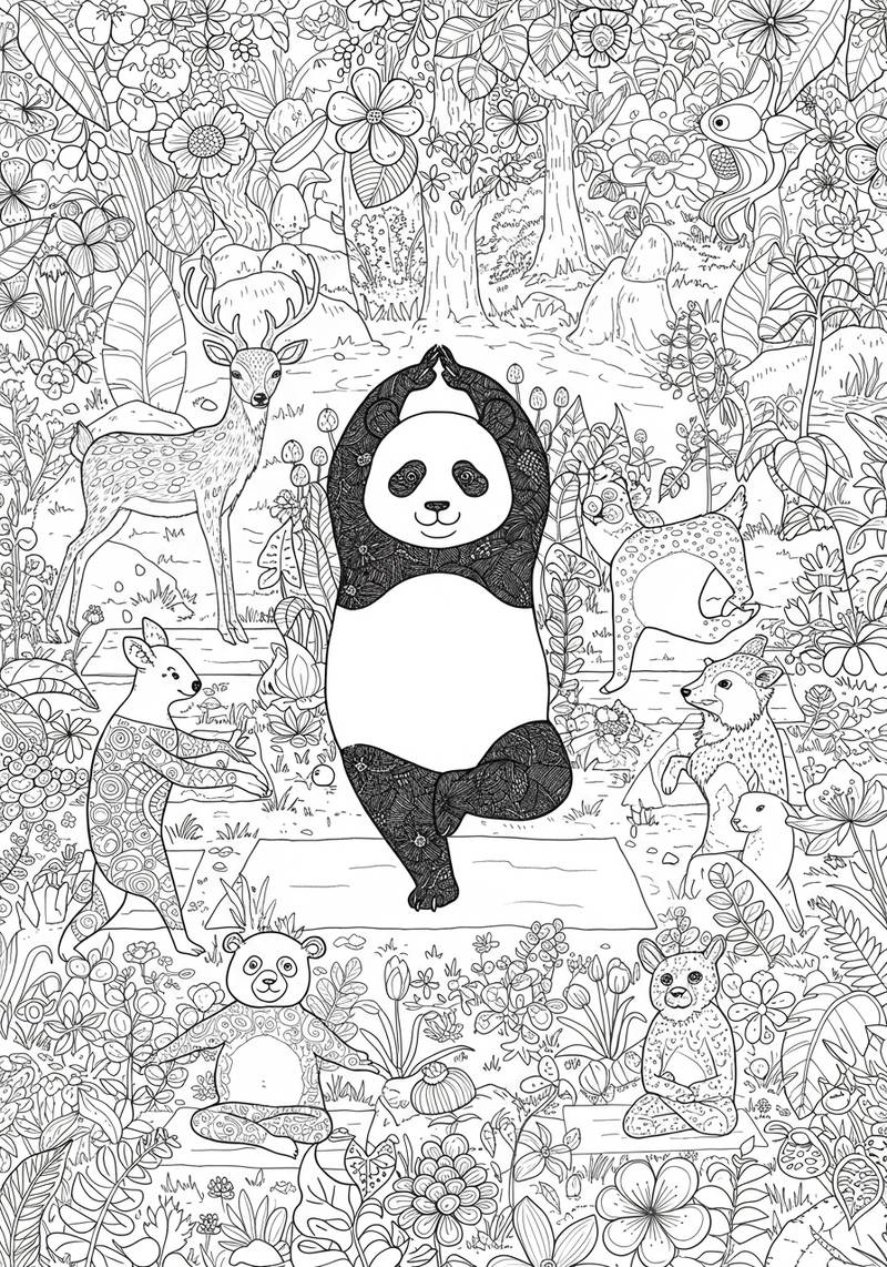Página para colorear de varios animales practicando yoga y meditación en un bosque frondoso.