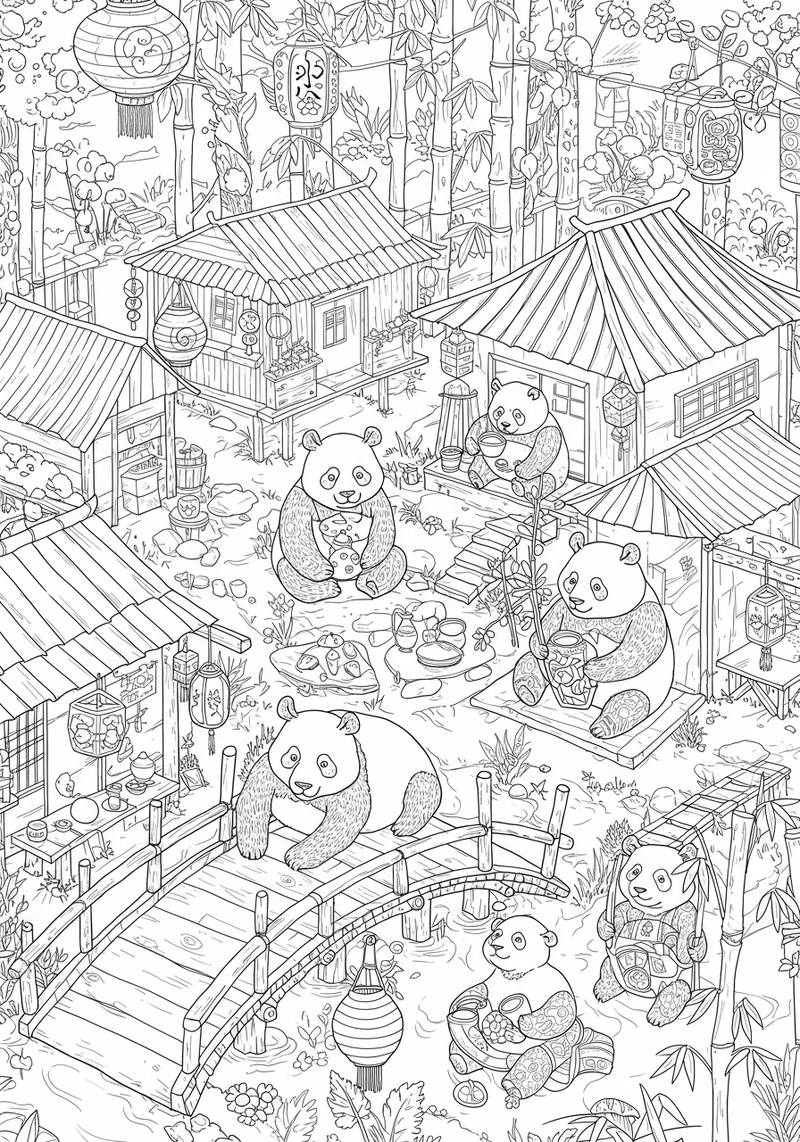 Página para colorear de pandas en un jardín de bambú con pequeños puentes y faroles.