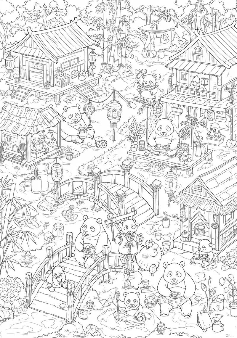 Página para colorear de un jardín de bambú con pandas y otros animales lindos en un entorno tranquilo.