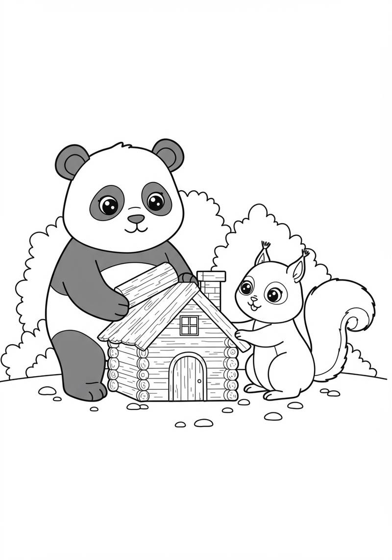 Página para colorear de un oso adorable y una ardilla trabajando juntos para construir una cabaña de troncos.