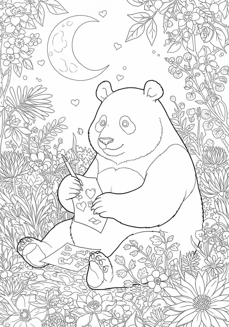 Dibujo en línea de un oso sentado entre flores, sosteniendo una paleta y un pincel para colorear.