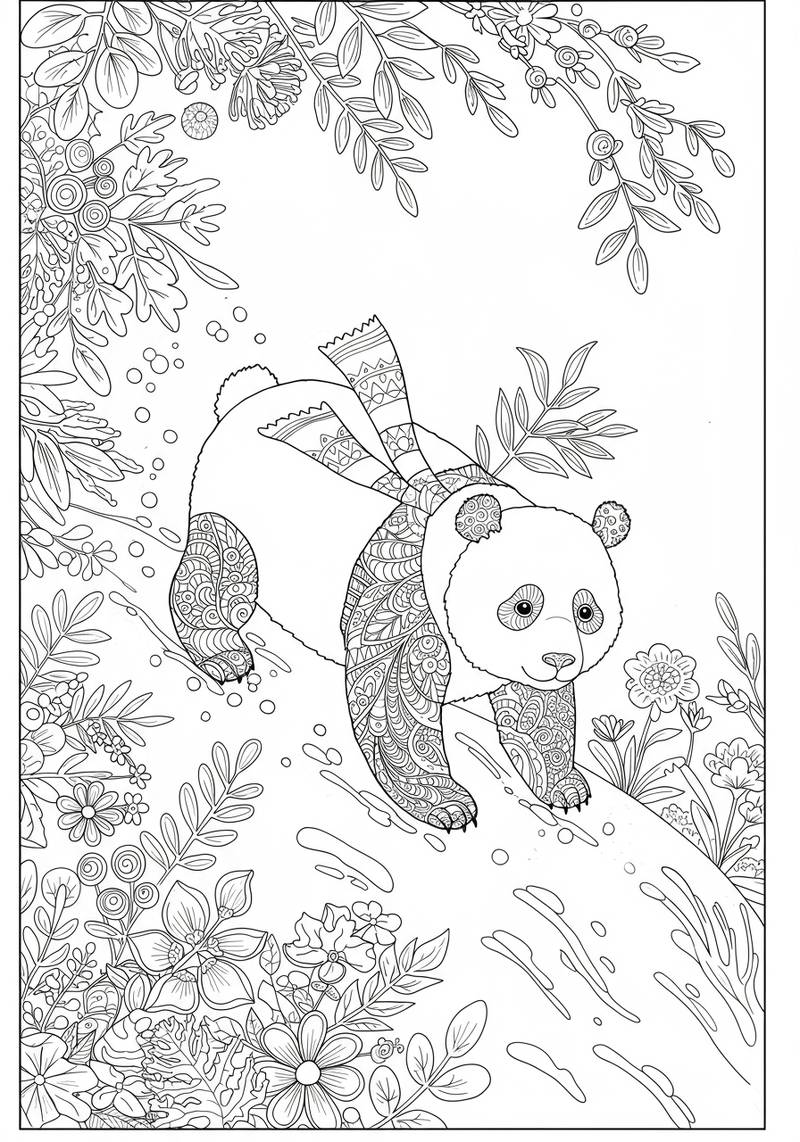 Página para colorear de un adorable panda caminando por un sendero en el bosque rodeado de plantas y flores.