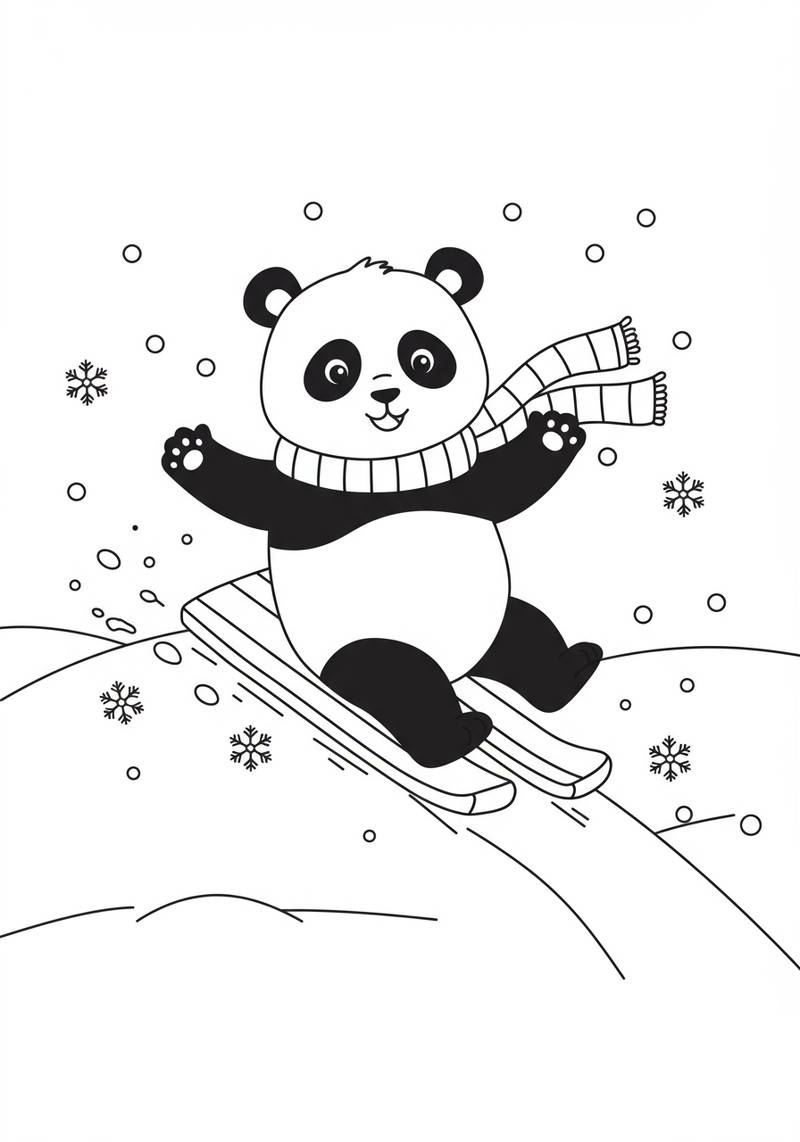 Página para colorear de un panda lindo con bufanda y esquís, disfrutando de la nieve de invierno.