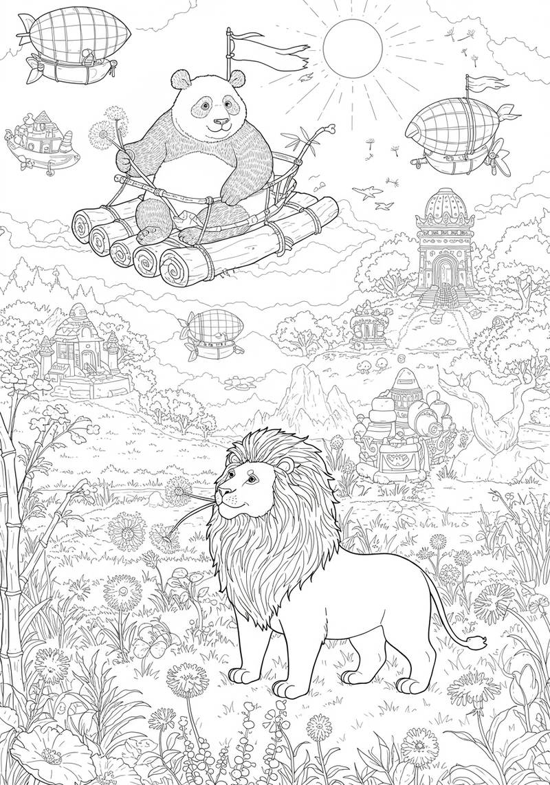 Página para colorear que muestra a un panda cabalgando en una balsa de bambú en un paisaje fantástico con aerostatos voladores y un león de pie entre flores.