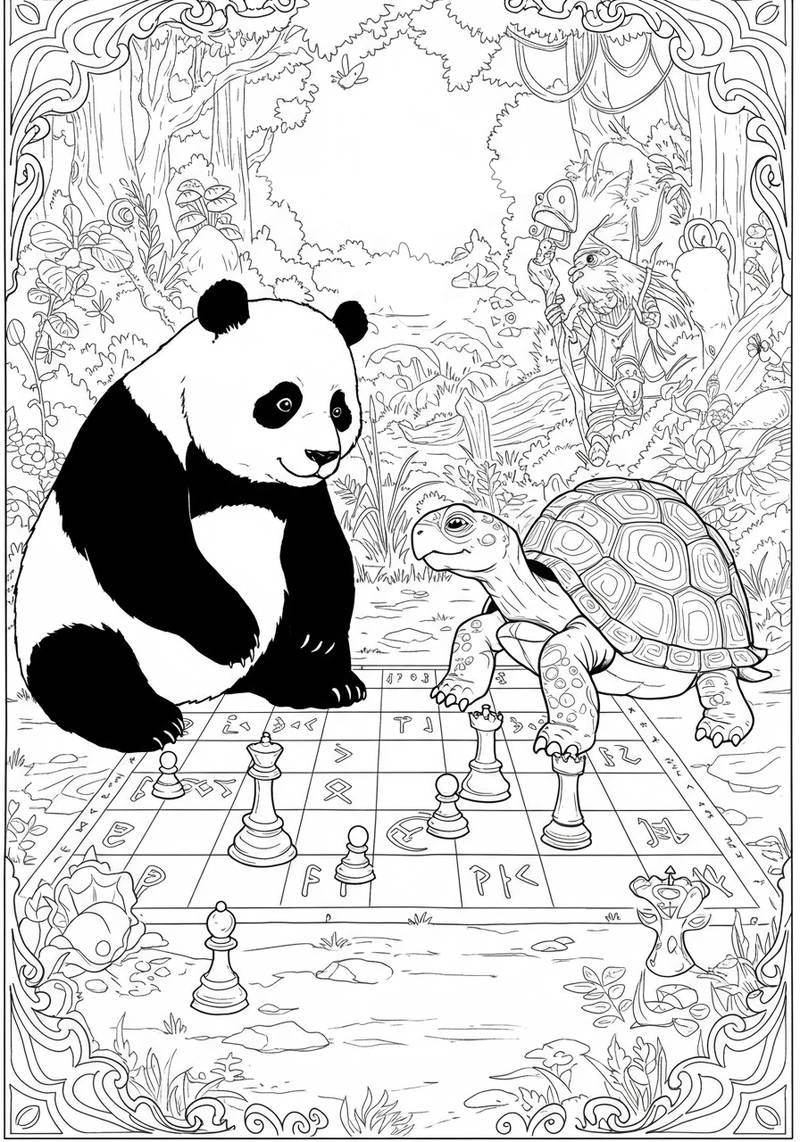 Página para colorear de un panda y una tortuga jugando ajedrez en un bosque con un mago en el fondo.