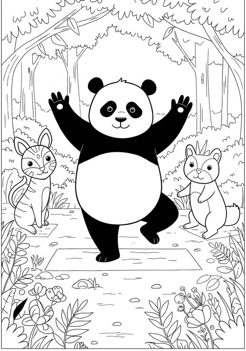 Página para colorear de un panda, un zorro y un oso haciendo yoga en un bosque.