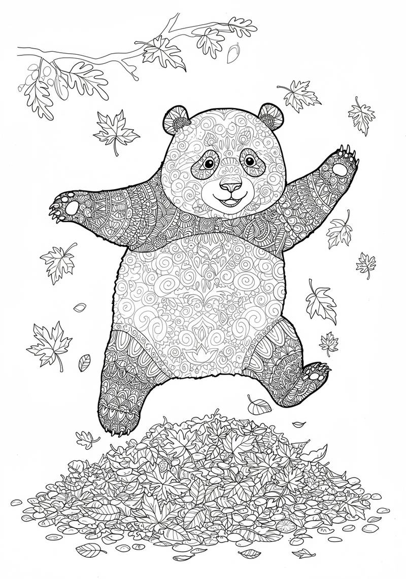 Página para colorear de un oso alegre saltando sobre un montón de hojas caídas con hojas cayendo de los árboles.