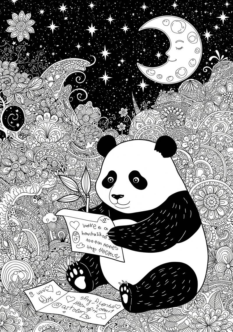 Página para colorear de un adorable panda sentado entre intrincados patrones florales, leyendo notas de amor en una escena de noche estrellada y cap richosa.