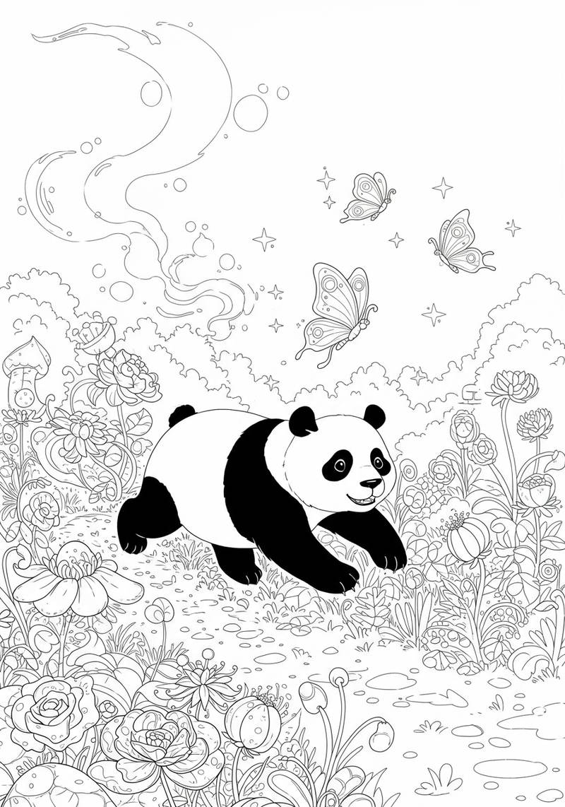 Página para colorear de un panda adorable caminando por un jardín lleno de flores y mariposas, con un cielo caprichoso arriba.