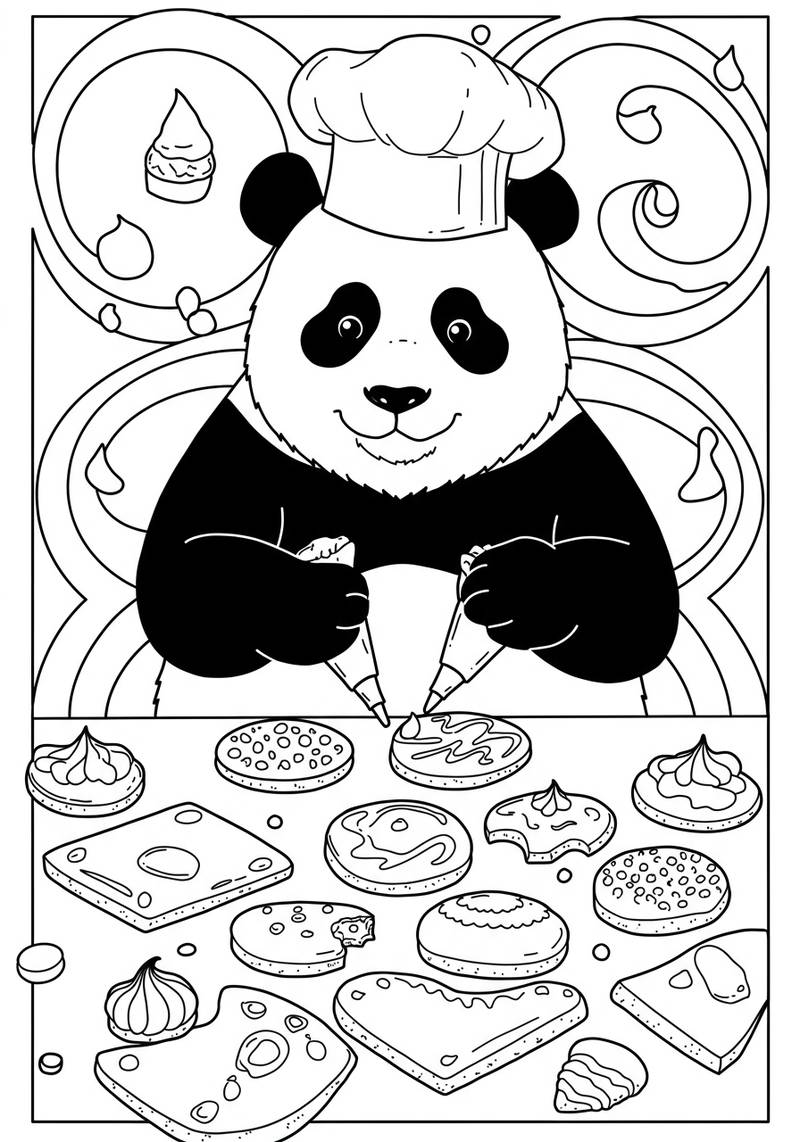 Página para colorear de un panda con sombrero de chef, decorando galletas con glaseado.