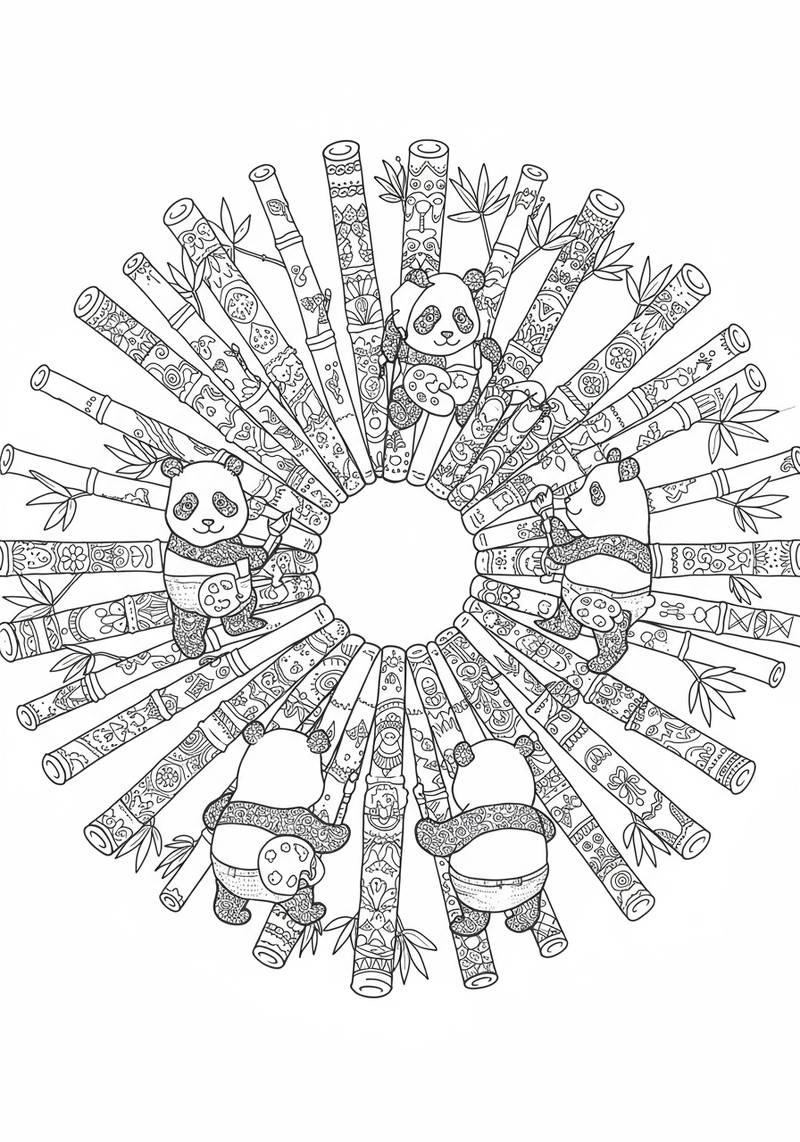 Página para colorear de pandas sentados en tallos de bambú dispuestos en círculo.