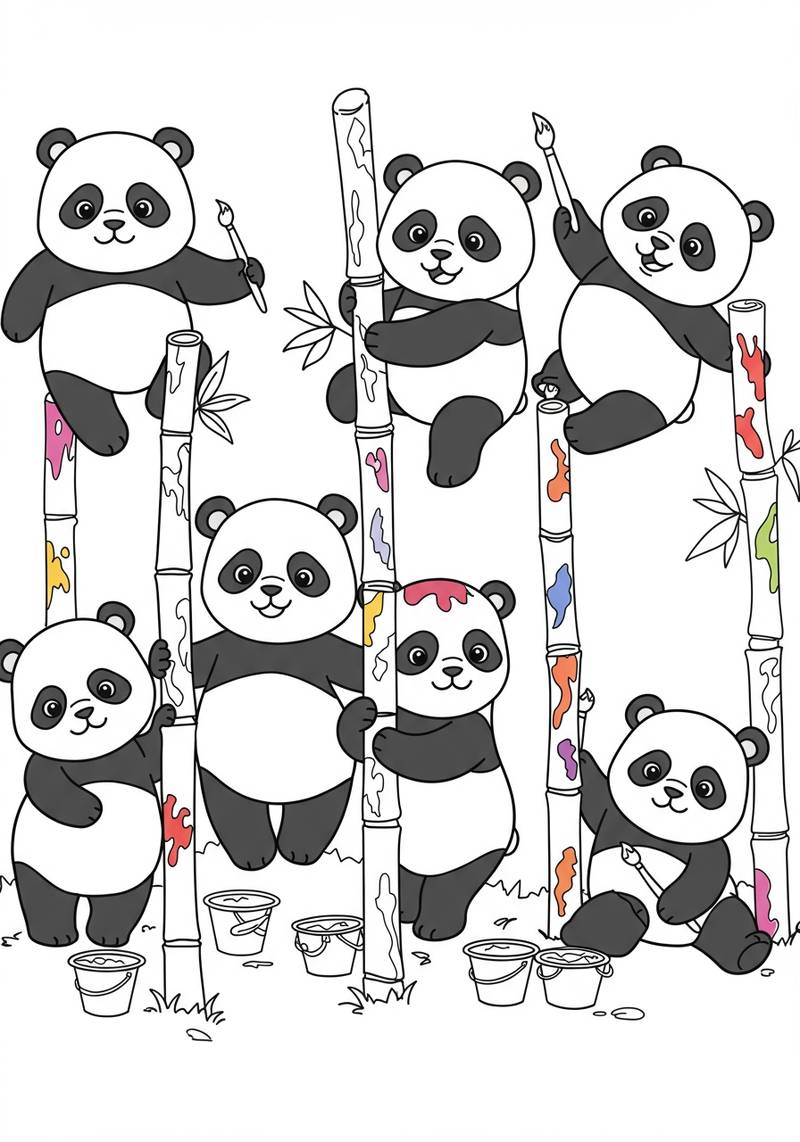 Página para colorear de múltiples pandas trepando y sentados en tallos de bambú.