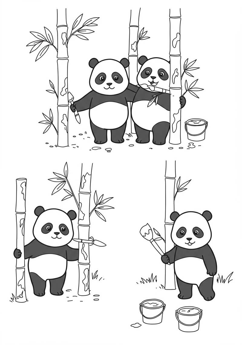 Página para colorear de tres pandas en un bosque de bambú, algunos sosteniendo varas de bambú y otros con bambú cerca.