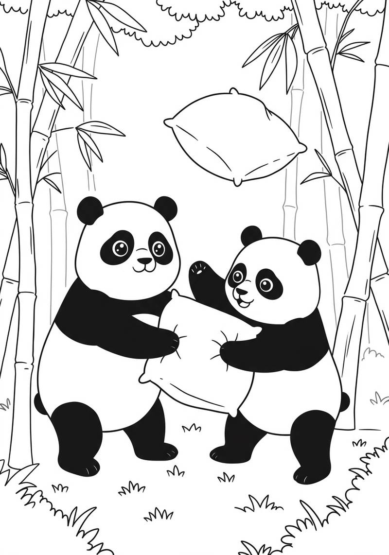 Página para colorear de dos pandas abrazándose en un bosque de bambú.