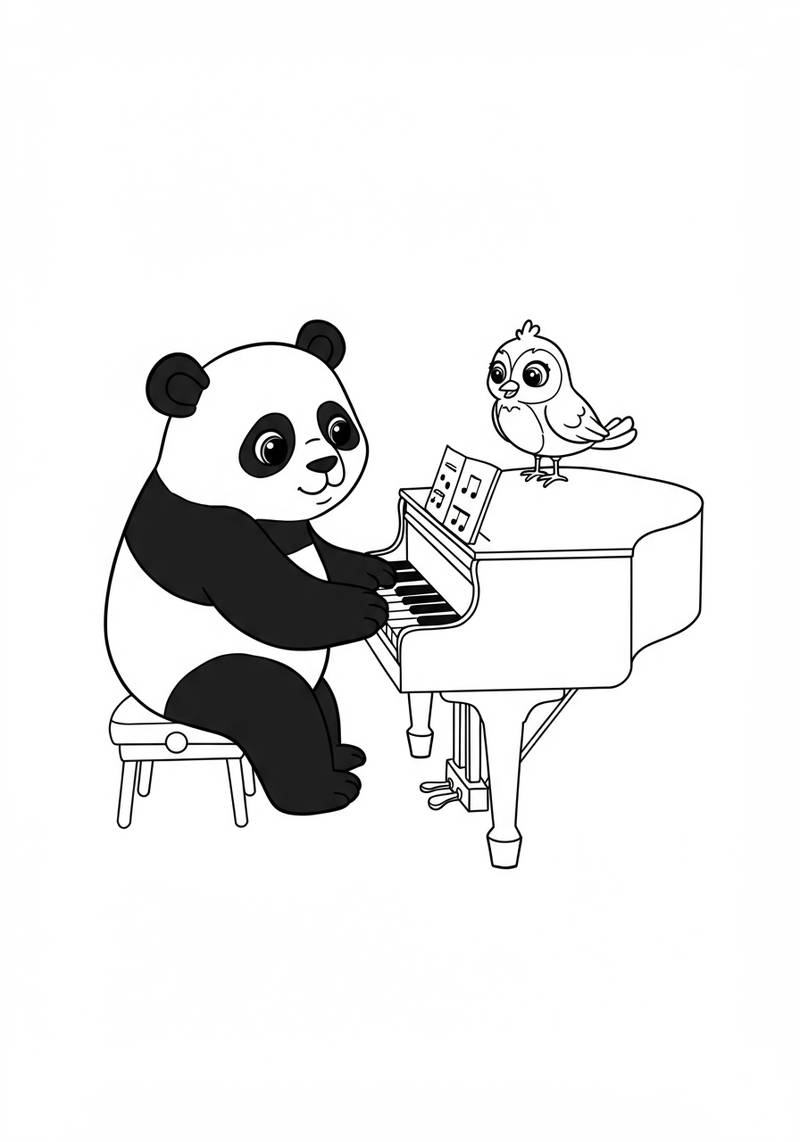 Página para colorear de un panda lindo tocando el piano mientras un pájaro se posa en el piano.