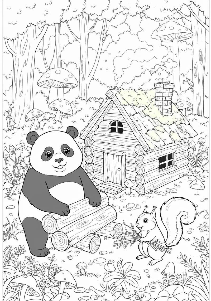Página para colorear de un panda adorable y una ardilla frente a una cabaña rústica de troncos en un bosque.