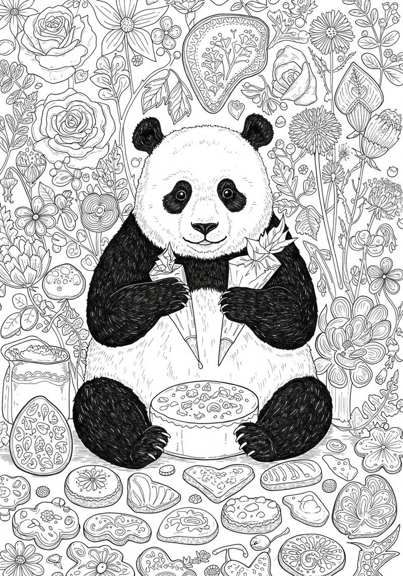 Página para colorear de un panda lindo sentado entre flores, sosteniendo lo que parecen ser conos de helado o bocadillos.