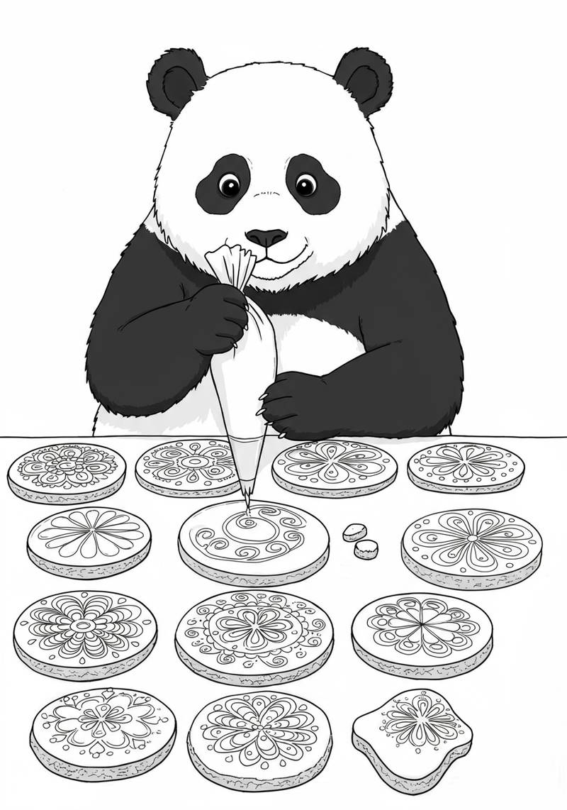 Página para colorear de un panda sosteniendo una manga pastelera y decorando galletas redondas con diseños intrincados.