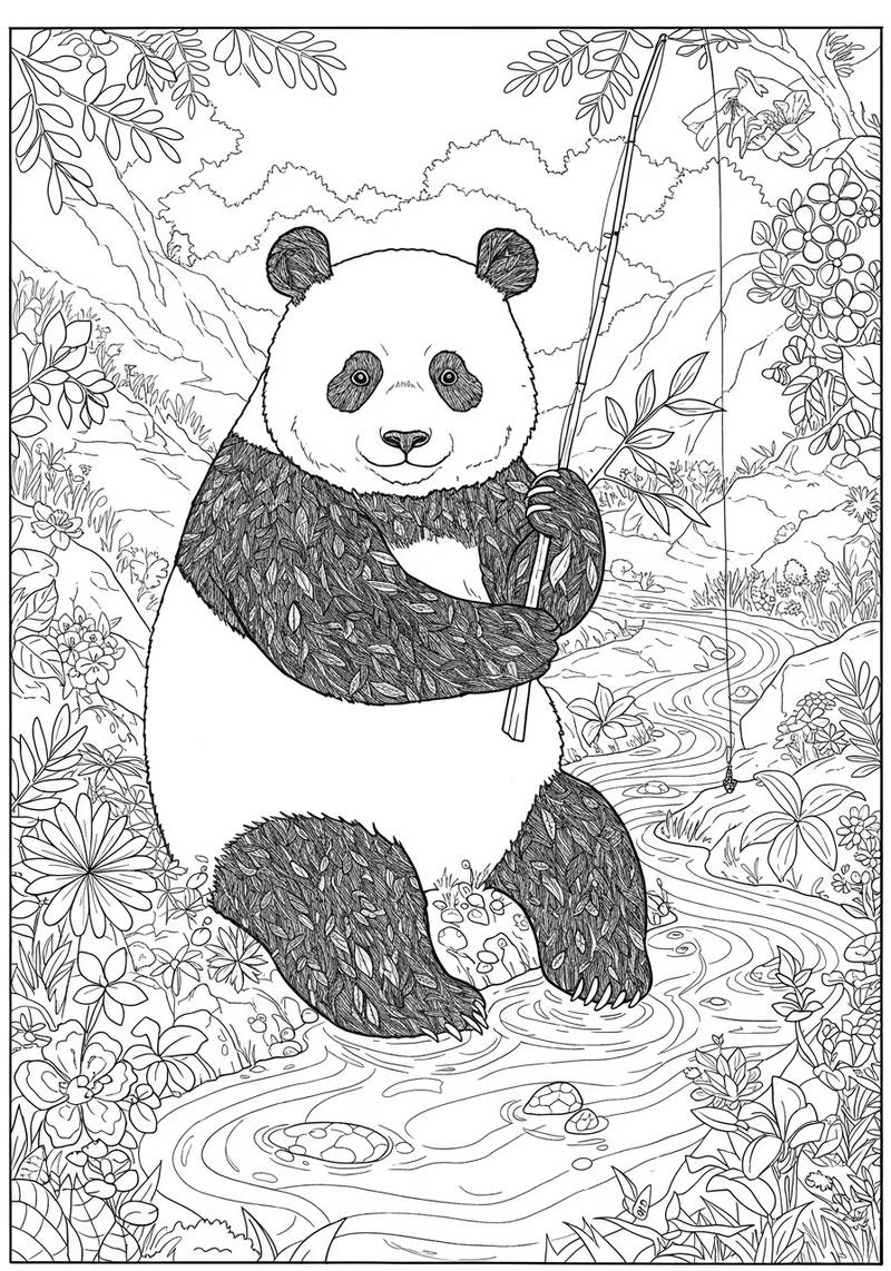 Página para colorear de un panda adorable sosteniendo una caña de pescar junto a un río que fluye
