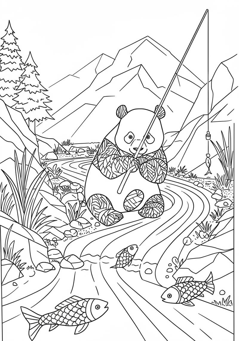 Página para colorear de un panda sentado en una roca junto a un arroyo de montaña, pescando con una caña de pescar.