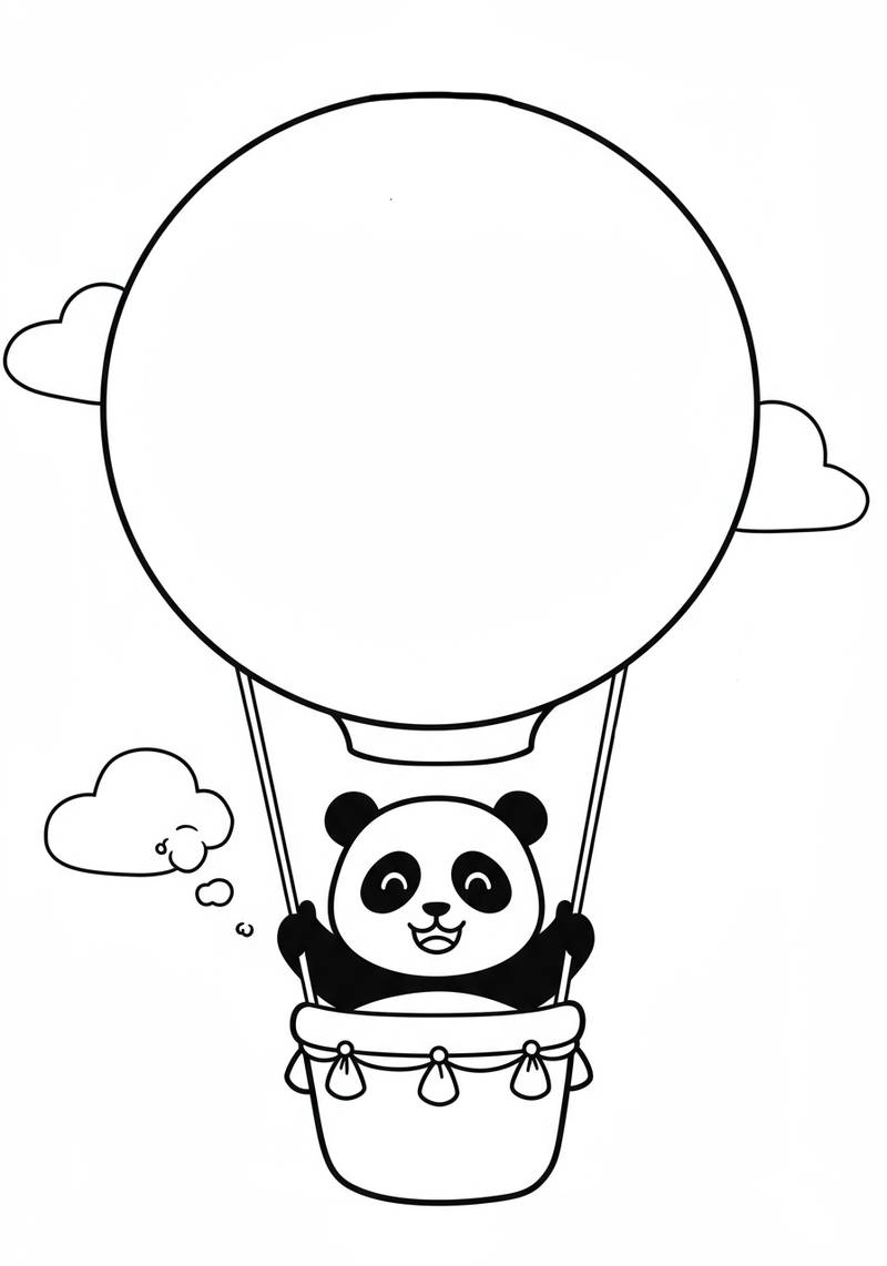 Página para colorear de un panda adorable sentado en la cesta de un globo aerostático con un globo grande arriba.