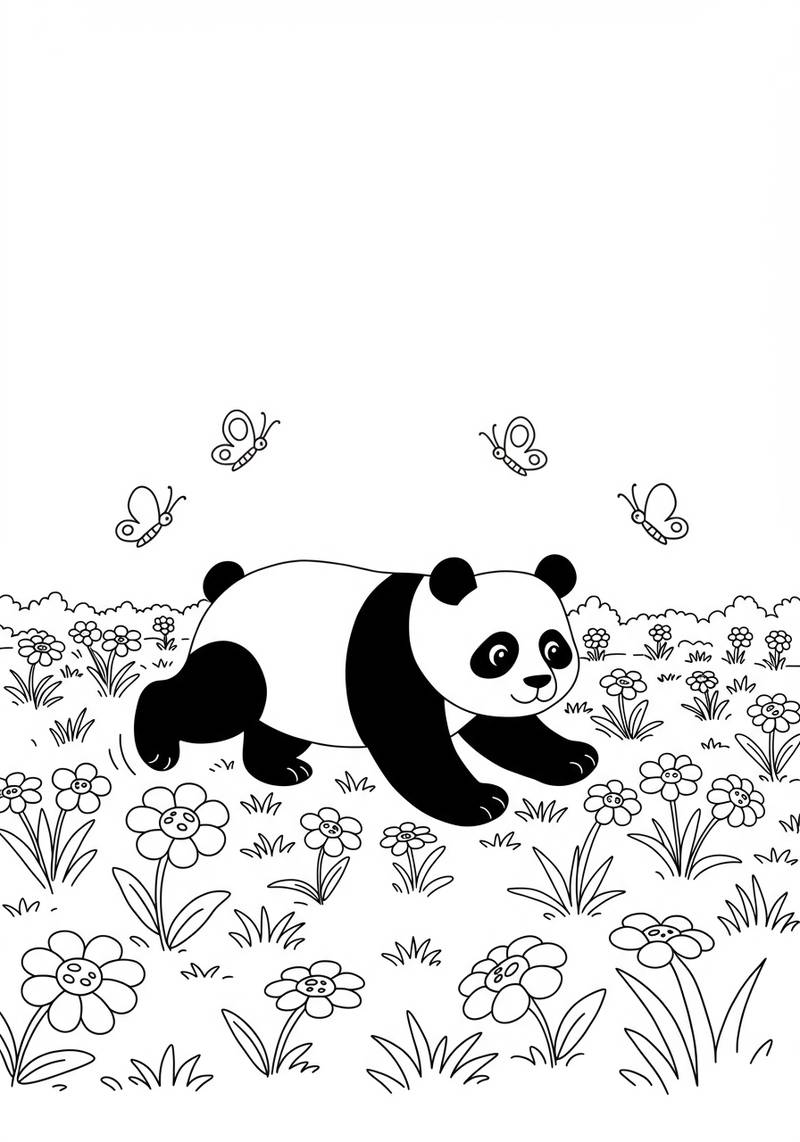 Página para colorear de un lindo panda acostado en un campo de hierba lleno de flores.