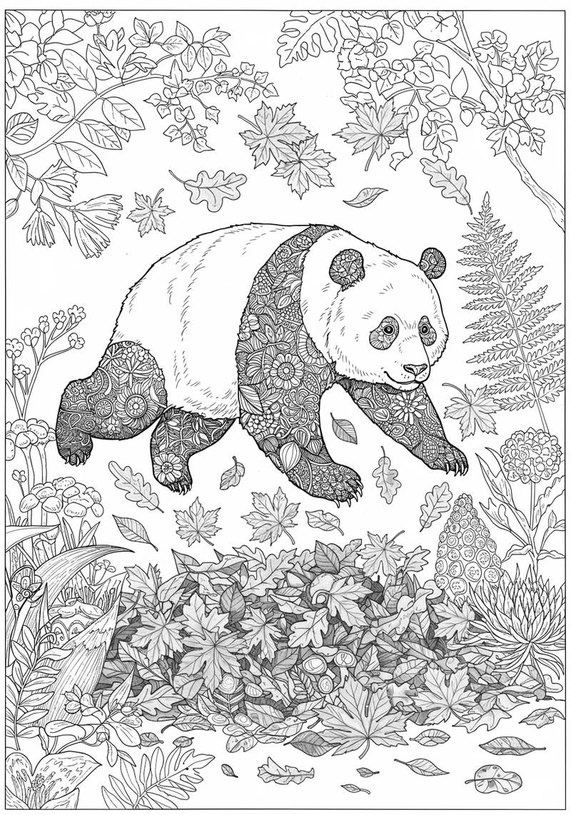 Página para colorear de un panda adorable sentado entre varias hojas, flores y plantas.