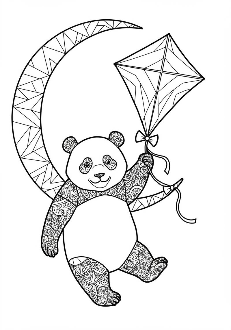 Página para colorear de un panda sosteniendo una cometa y sentado en una luna creciente.
