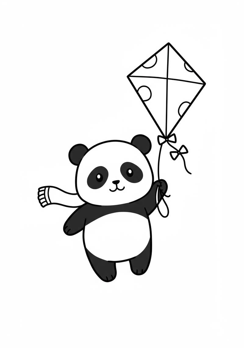 Página para colorear de un panda adorable sosteniendo una cometa