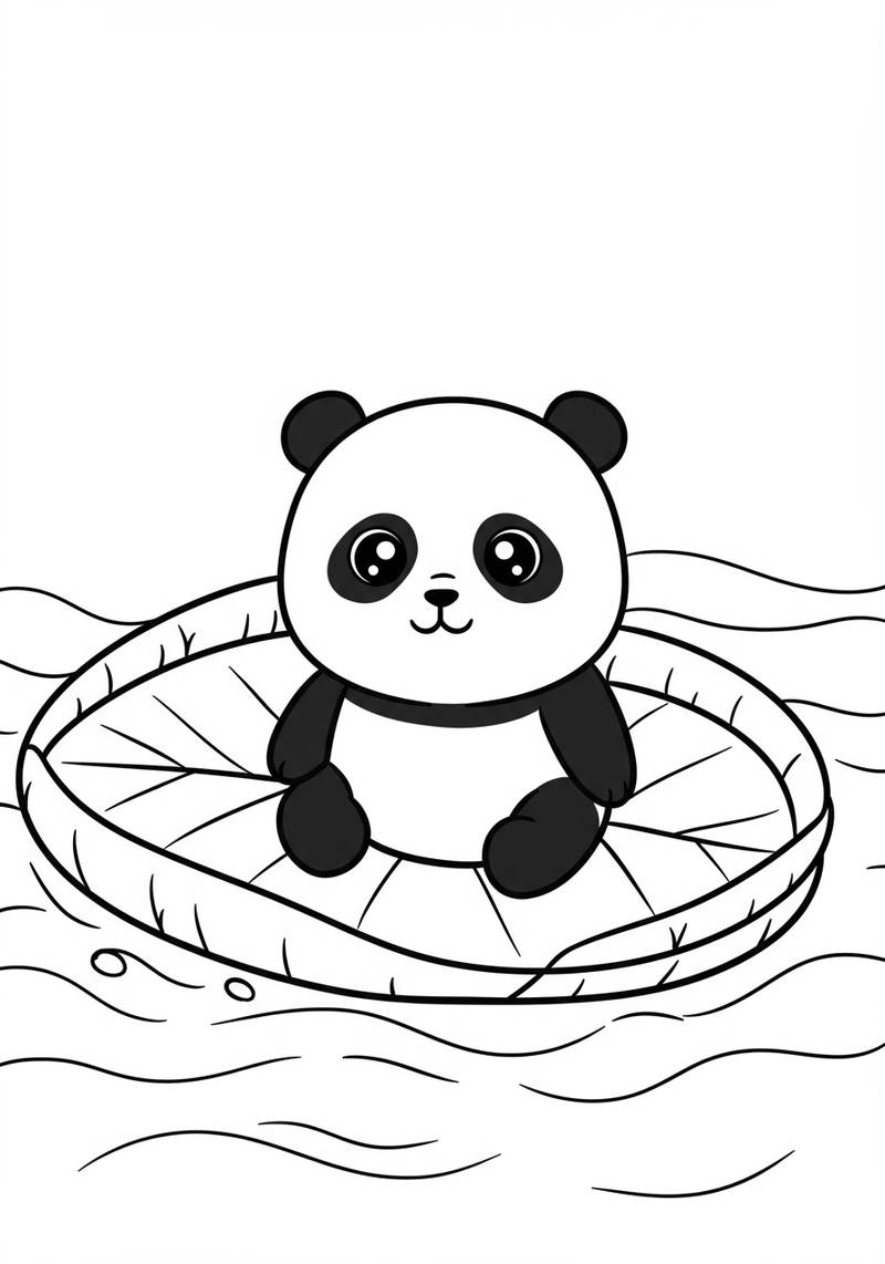 Página para colorear de un adorable panda sentado en una balsa de bambú.
