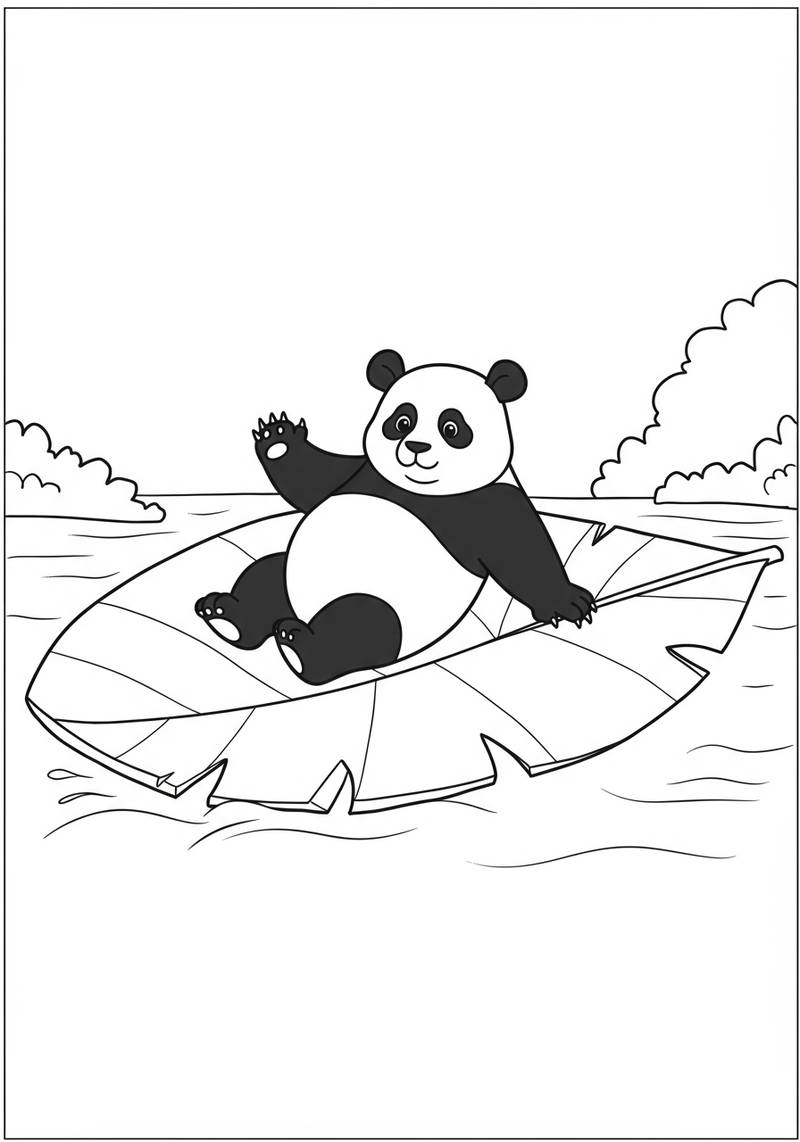 Página para colorear de un panda adorable sentado en un barco hecho de una hoja grande sobre un cuerpo de agua.