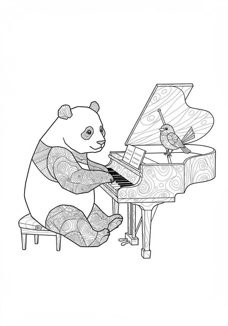 Página para colorear de un panda sentado en un piano grand con un pájaro posado en el piano.