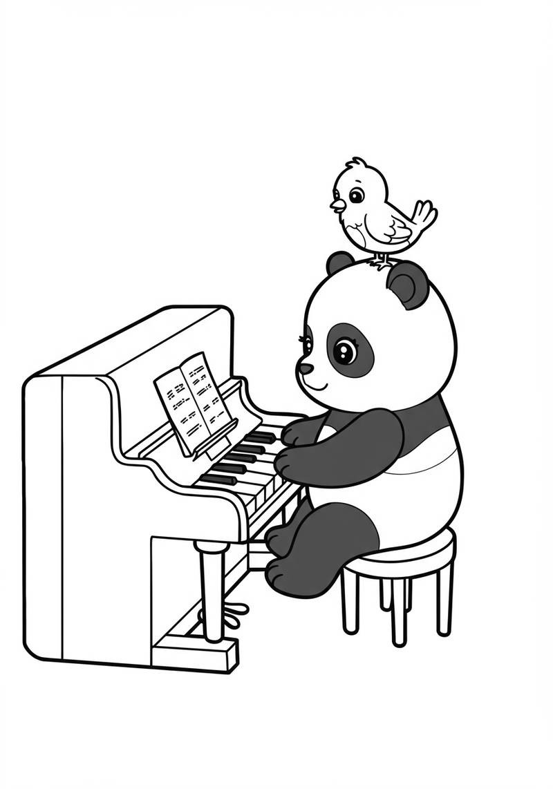 Página para colorear de un panda sentado en un taburete y tocando el piano.
