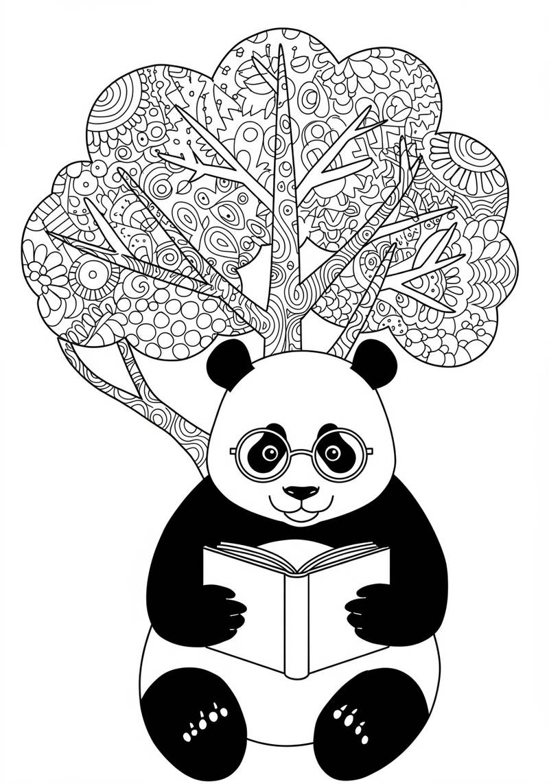 Página para colorear de un lindo panda con gafas y leyendo un libro con un gran árbol decorado en el fondo.