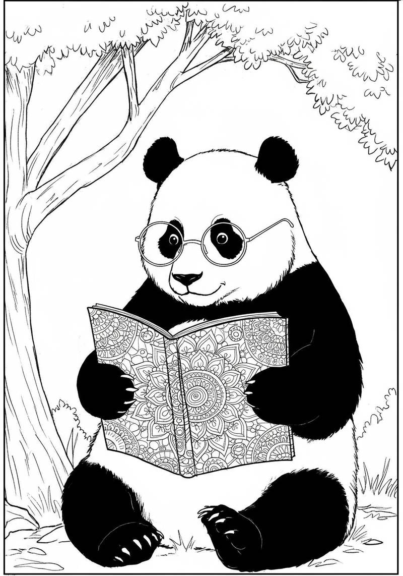 Página para colorear de un lindo panda que lleva gafas y lee un libro detallado al aire libre.