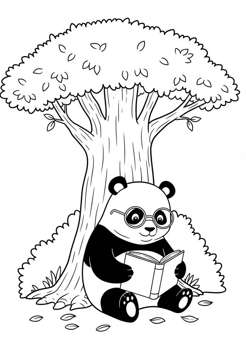Página para colorear de un lindo panda sentado bajo un árbol grande y leyendo un libro.