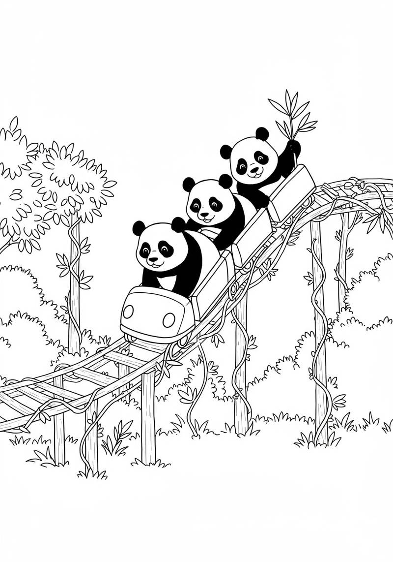 Página para colorear de cuatro pandas montando una montaña rusa a través de un bosque.