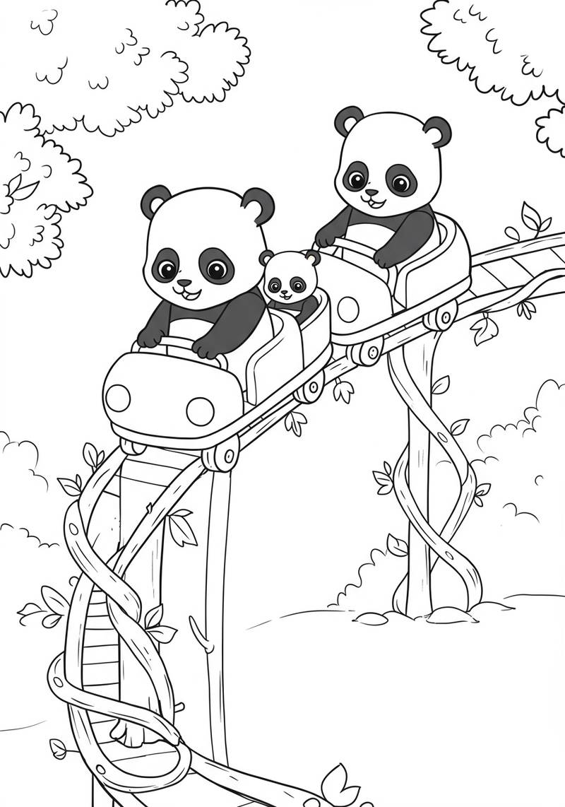 Página para colorear de una familia de pandas montando una montaña rusa a través de un bosque.