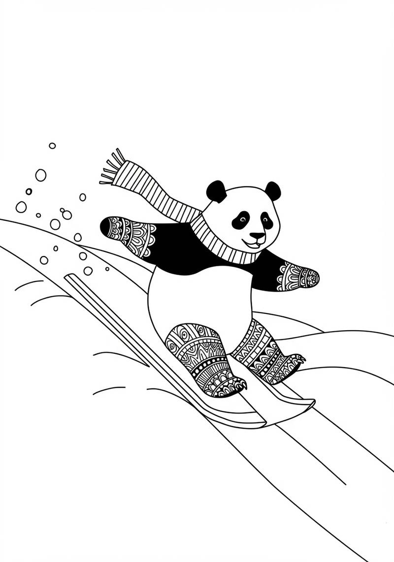 Página para colorear de un panda con bufanda y ropa con patrones mientras esquía en una colina